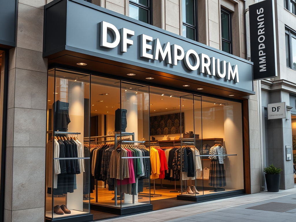 Facciata di un negozio di abbigliamento chiamato DF Emporium, con manichini e abiti esposti nelle vetrine.