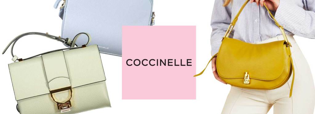 Immagine di diverse borse del marchio Coccinelle, incluse una borsa gialla e una borsa chiara, con una persona che ne tiene una.