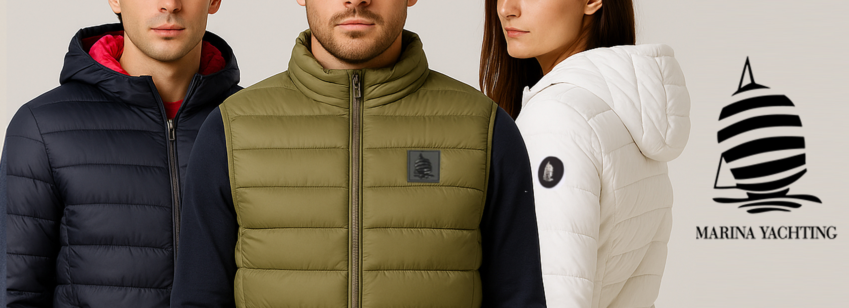 Tre persone che indossano giacche invernali della collezione Marina Yachting, tra cui un gilet verde, una giacca nera con cappuccio e una giacca bianca.