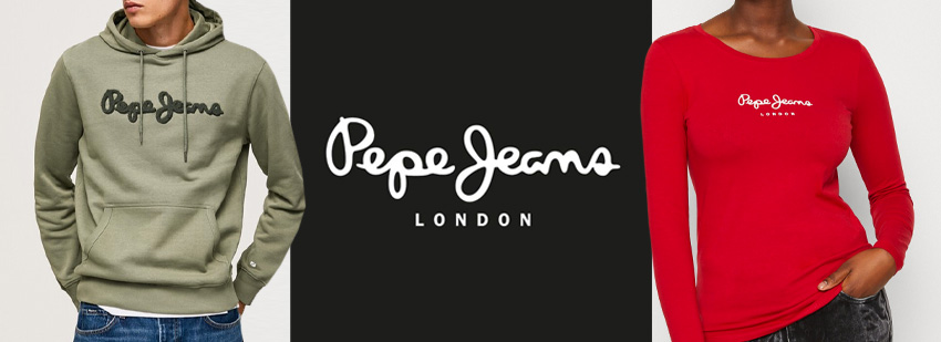 Modelli di vestiti Pepe Jeans: felpa verde con cappuccio e maglietta rossa, logo Pepe Jeans London in evidenza.